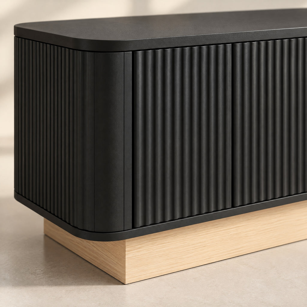 Meuble TV cannelé sur socle bois 200 cm, noir, détail de la finition