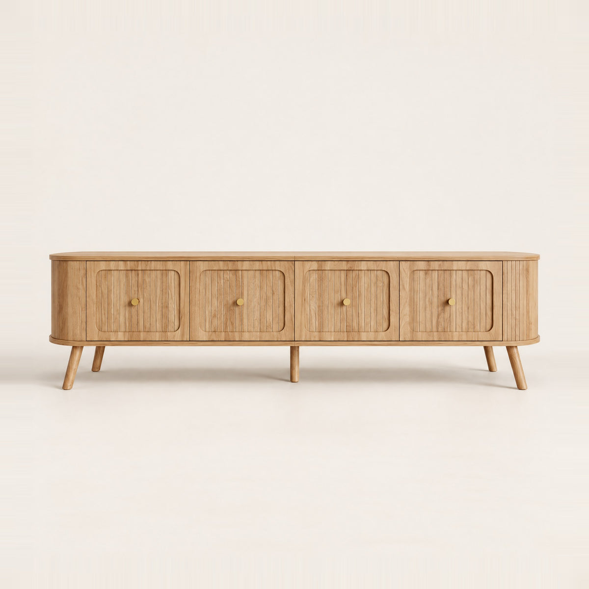 Meuble TV chêne cannelé 4 portes pieds bois 180 cm, vue de face