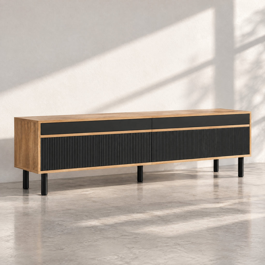Meuble TV chêne et noir cannelé 170 cm, au soleil