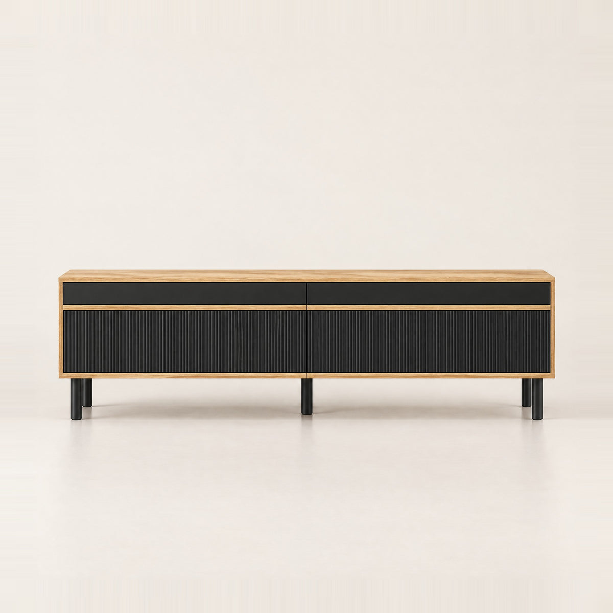 Meuble TV chêne et noir cannelé 170 cm, vue de face
