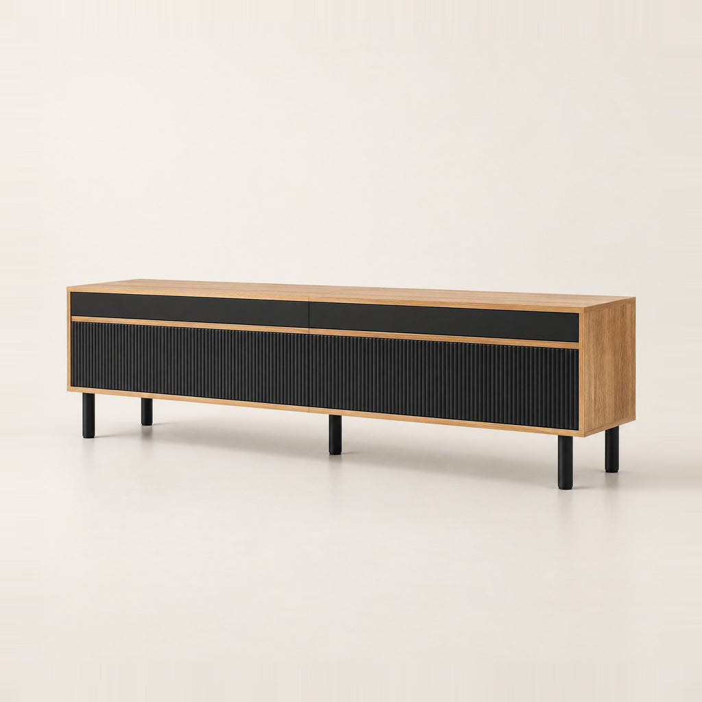 Meuble TV chêne et noir cannelé 170 cm, vue de trois quarts