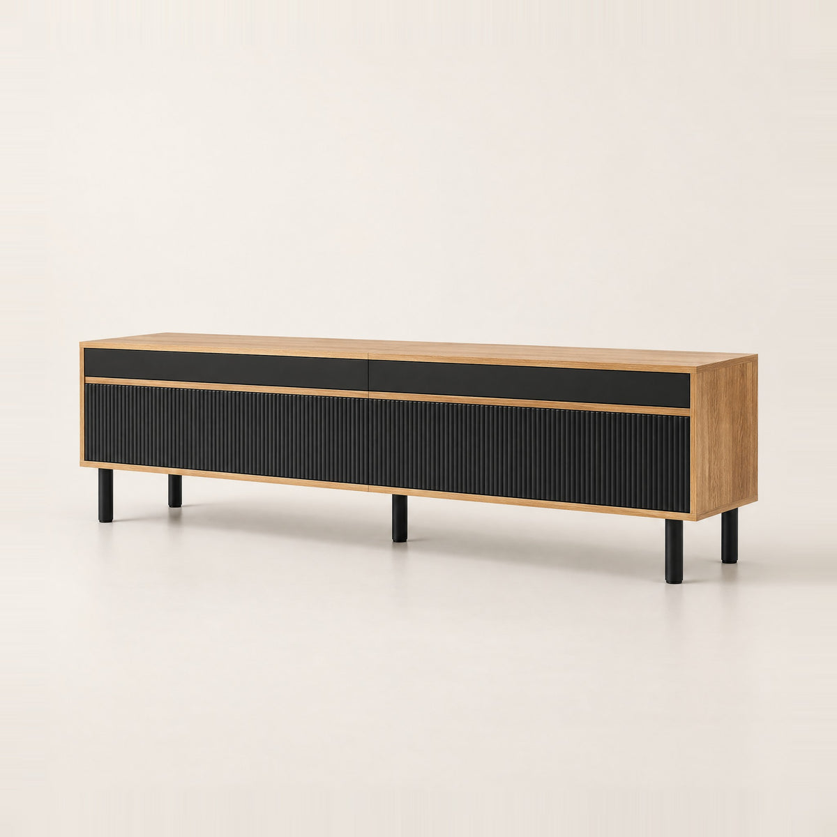 Meuble TV chêne et noir cannelé 170 cm, vue de trois quarts