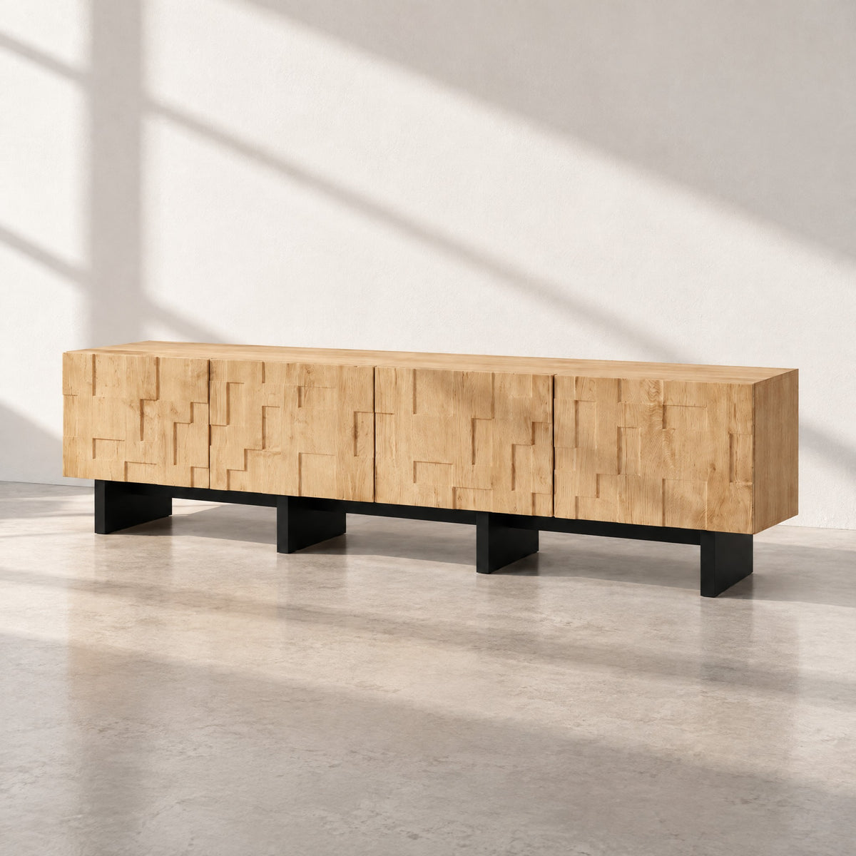 Meuble TV chêne naturel relief géométrique 180 cm, au soleil