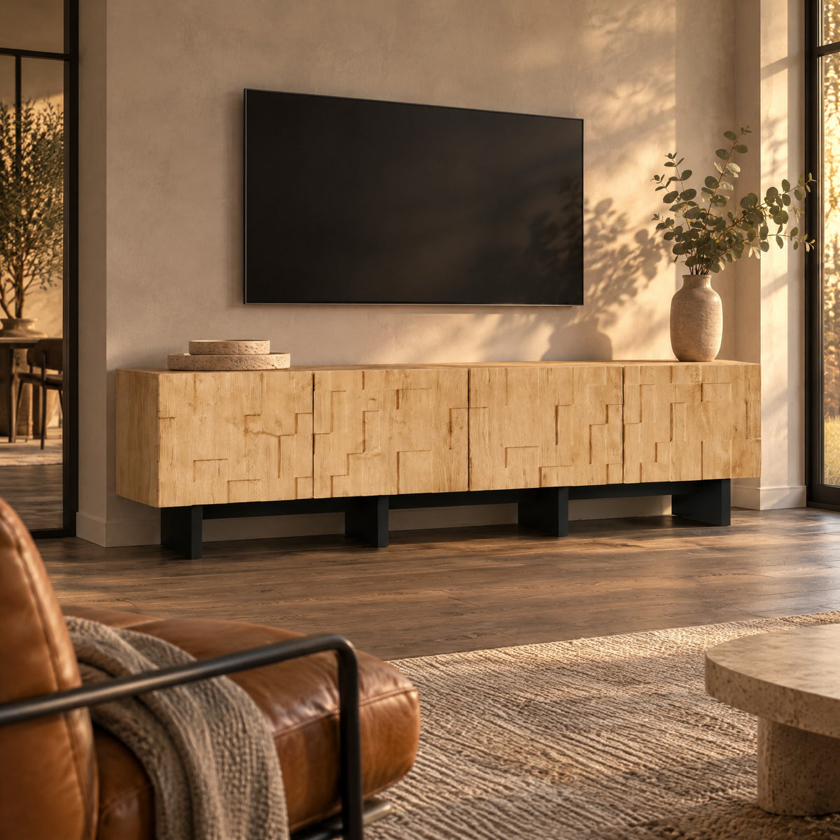 Meuble TV chêne naturel relief géométrique 180 cm, dans un salon
