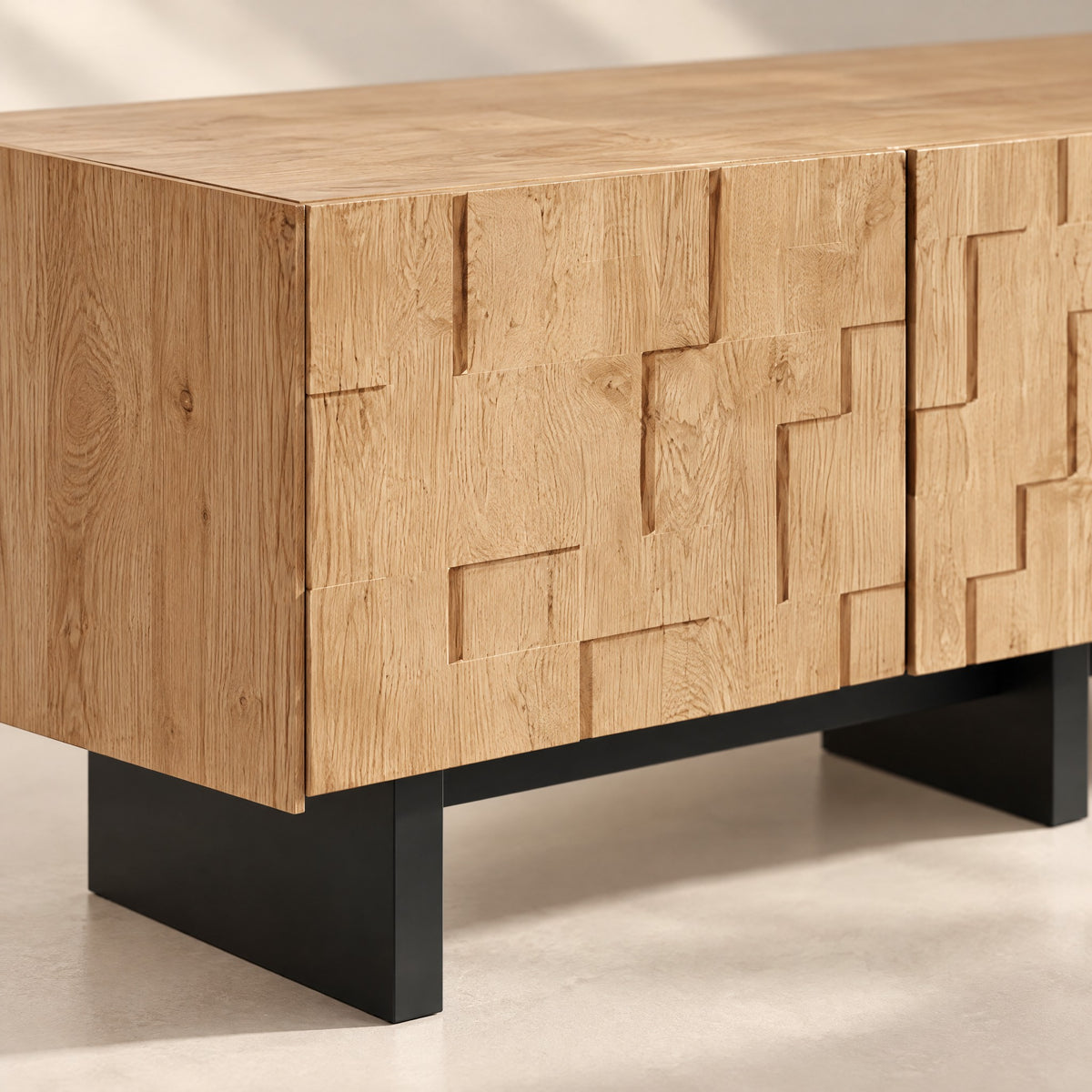 Meuble TV chêne naturel relief géométrique 180 cm, détail de la finition