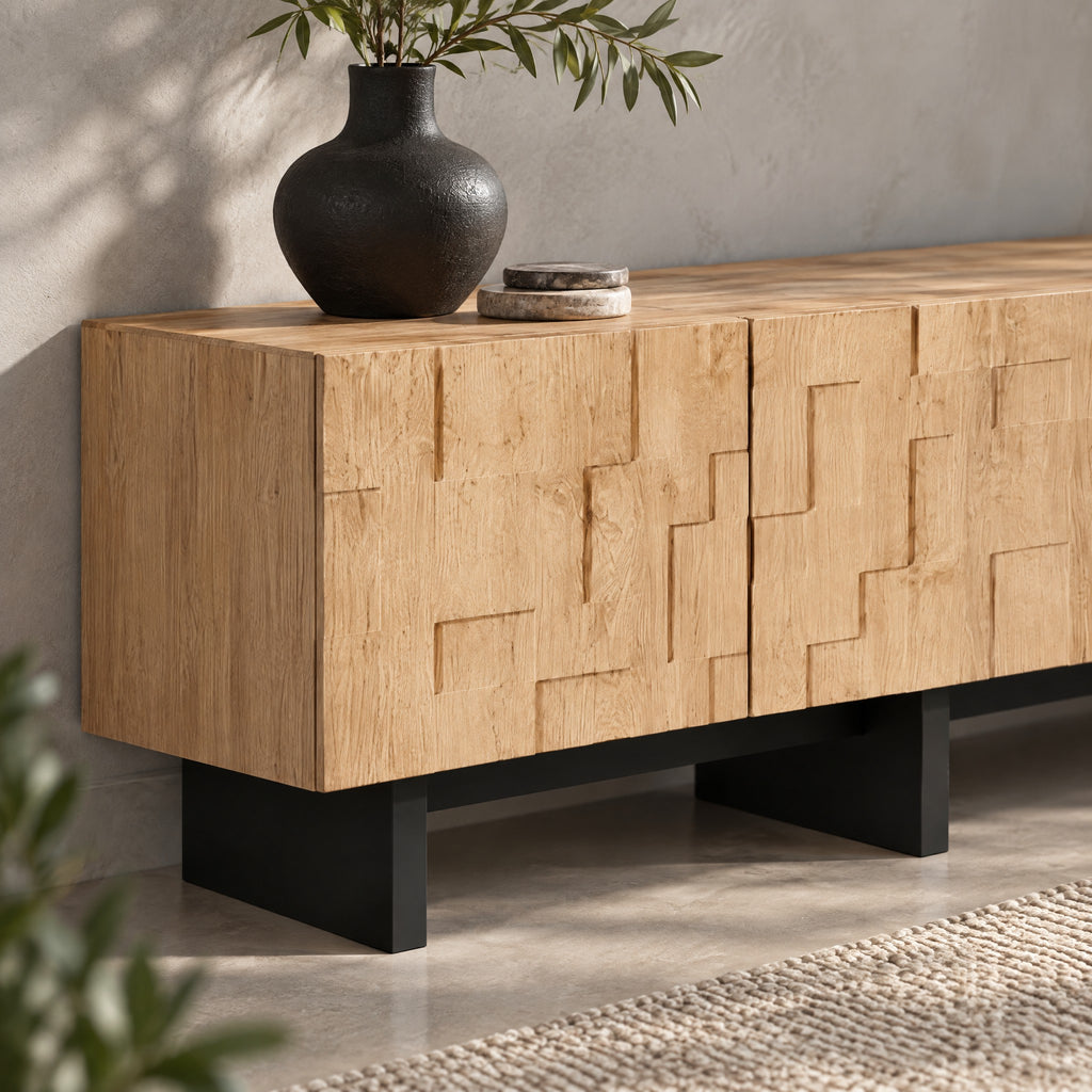 Meuble TV chêne naturel relief géométrique 180 cm, gros plan