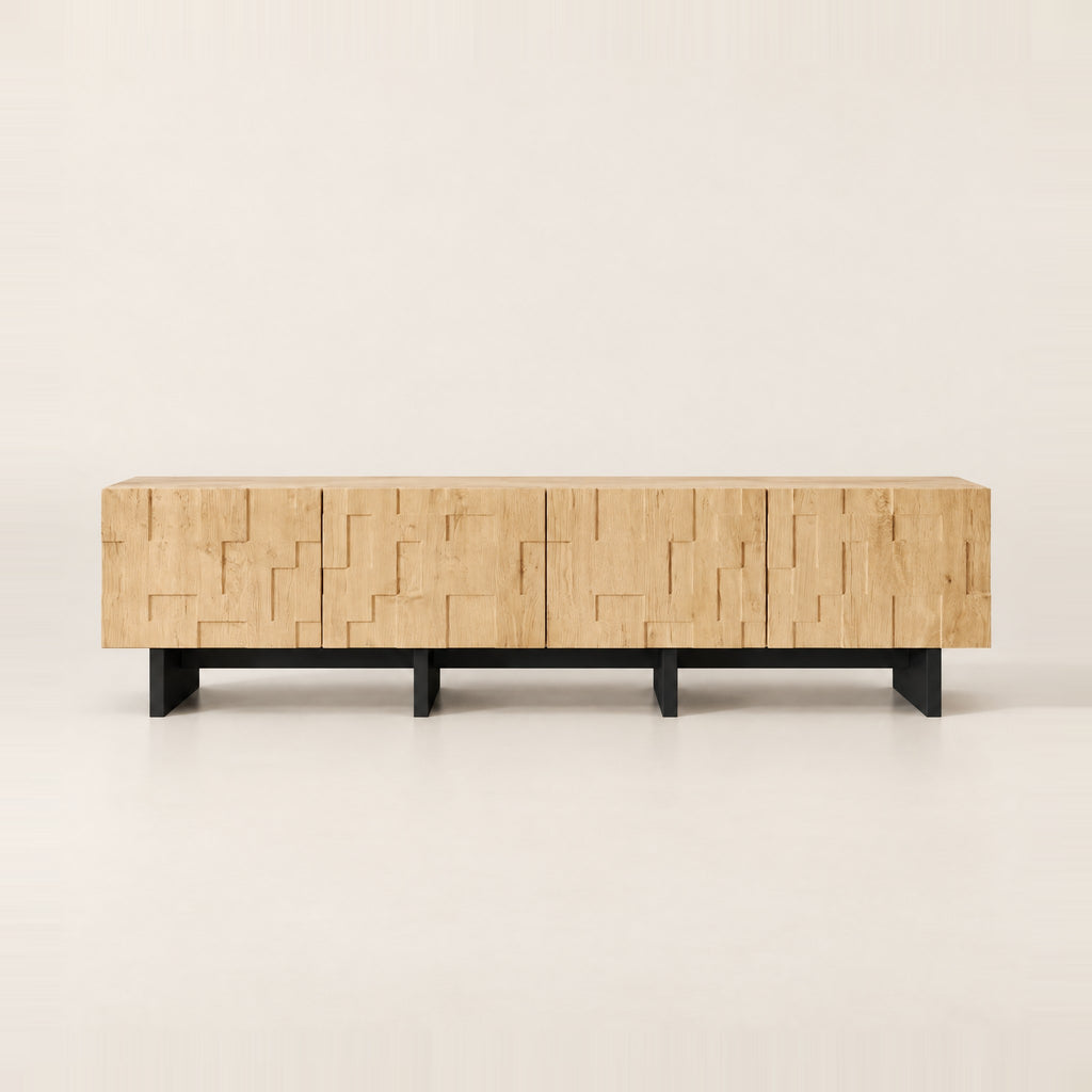 Meuble TV chêne naturel relief géométrique 180 cm, vue de face