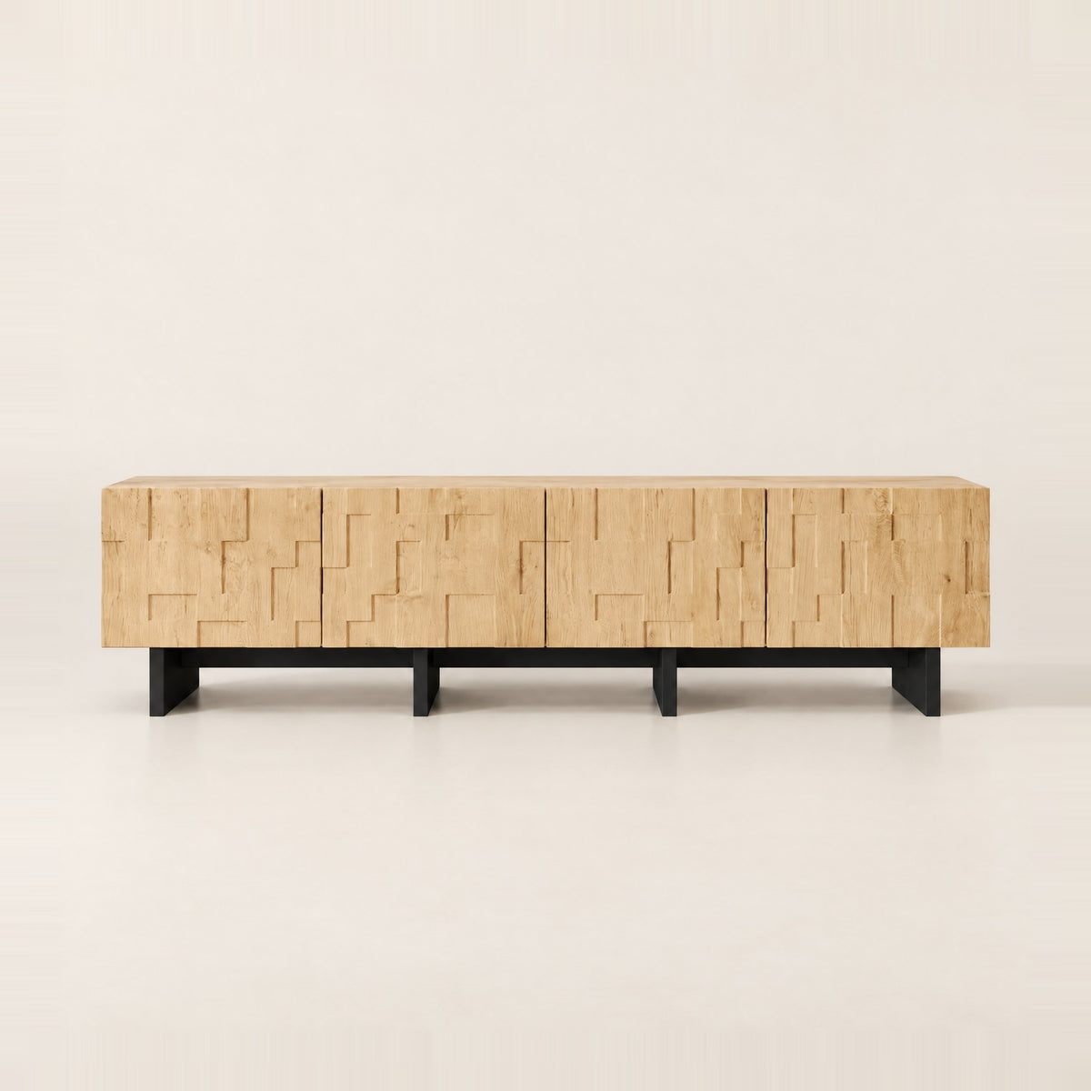 Meuble TV chêne naturel relief géométrique 180 cm, vue de face