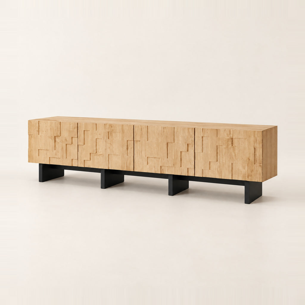 Meuble TV chêne naturel relief géométrique 180 cm, vue de trois quarts