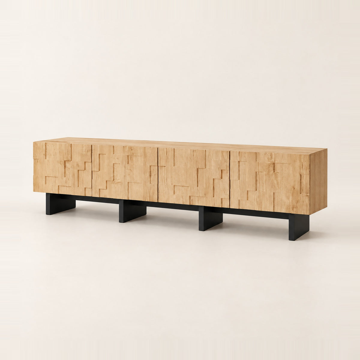 Meuble TV chêne naturel relief géométrique 180 cm, vue de trois quarts
