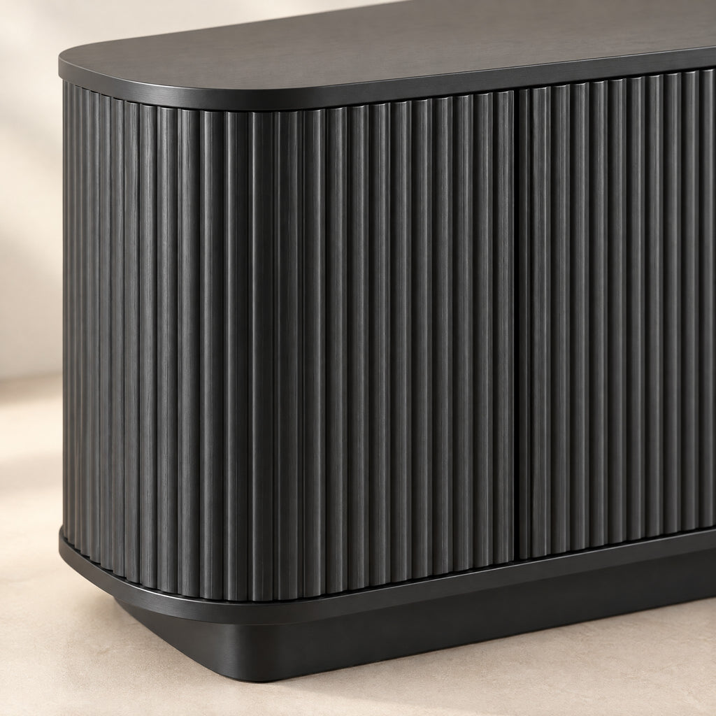 Meuble TV noir arrondi cannelé 163 cm, détail de la finition