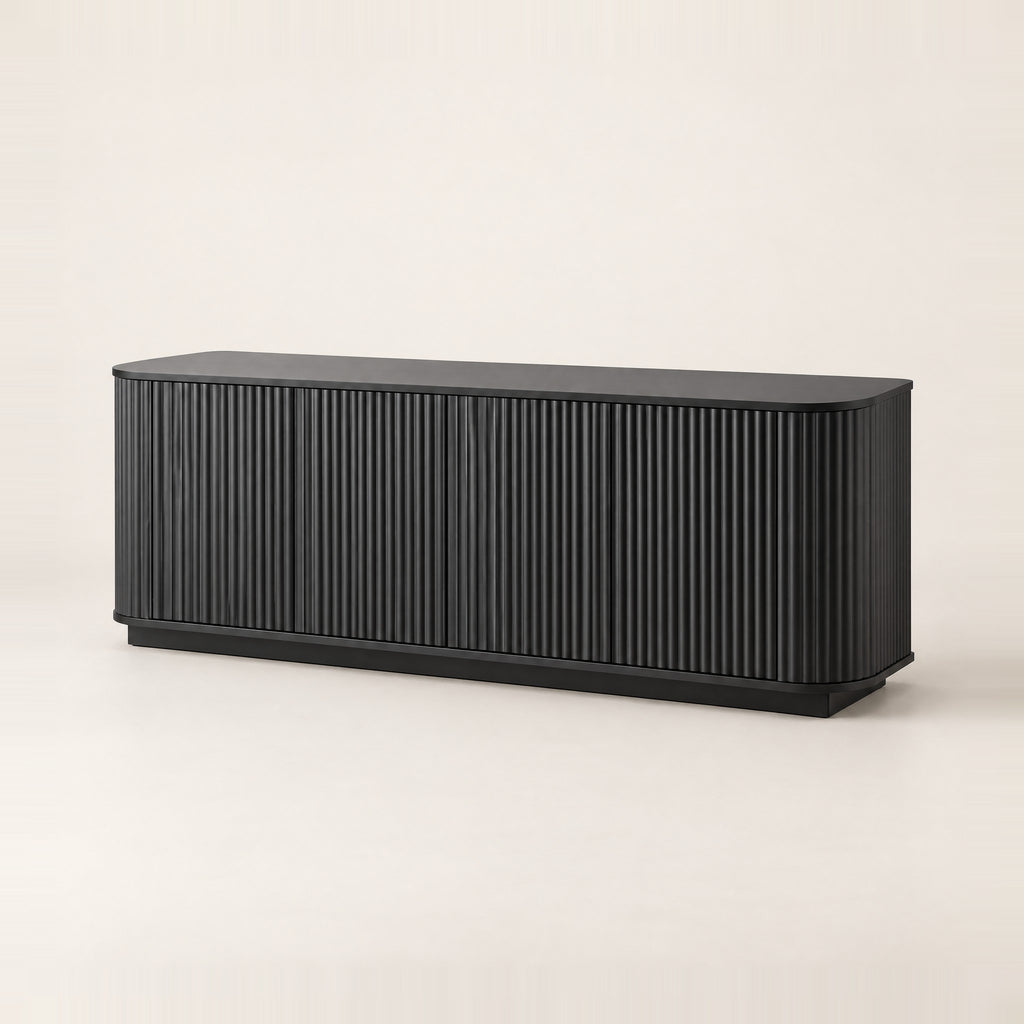 Meuble TV noir arrondi cannelé 163 cm, vue de trois quarts