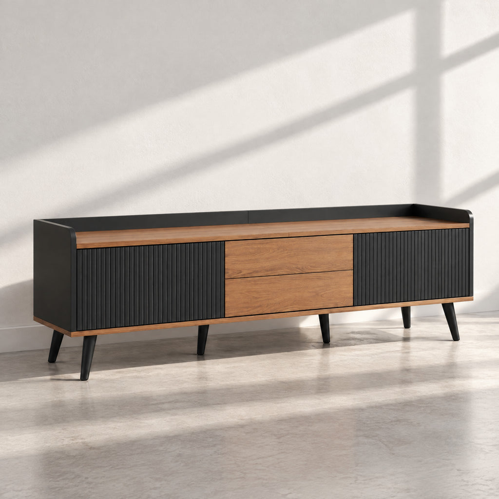 Meuble TV noir cannelé et noyer 2 tiroirs 160 cm, au soleil