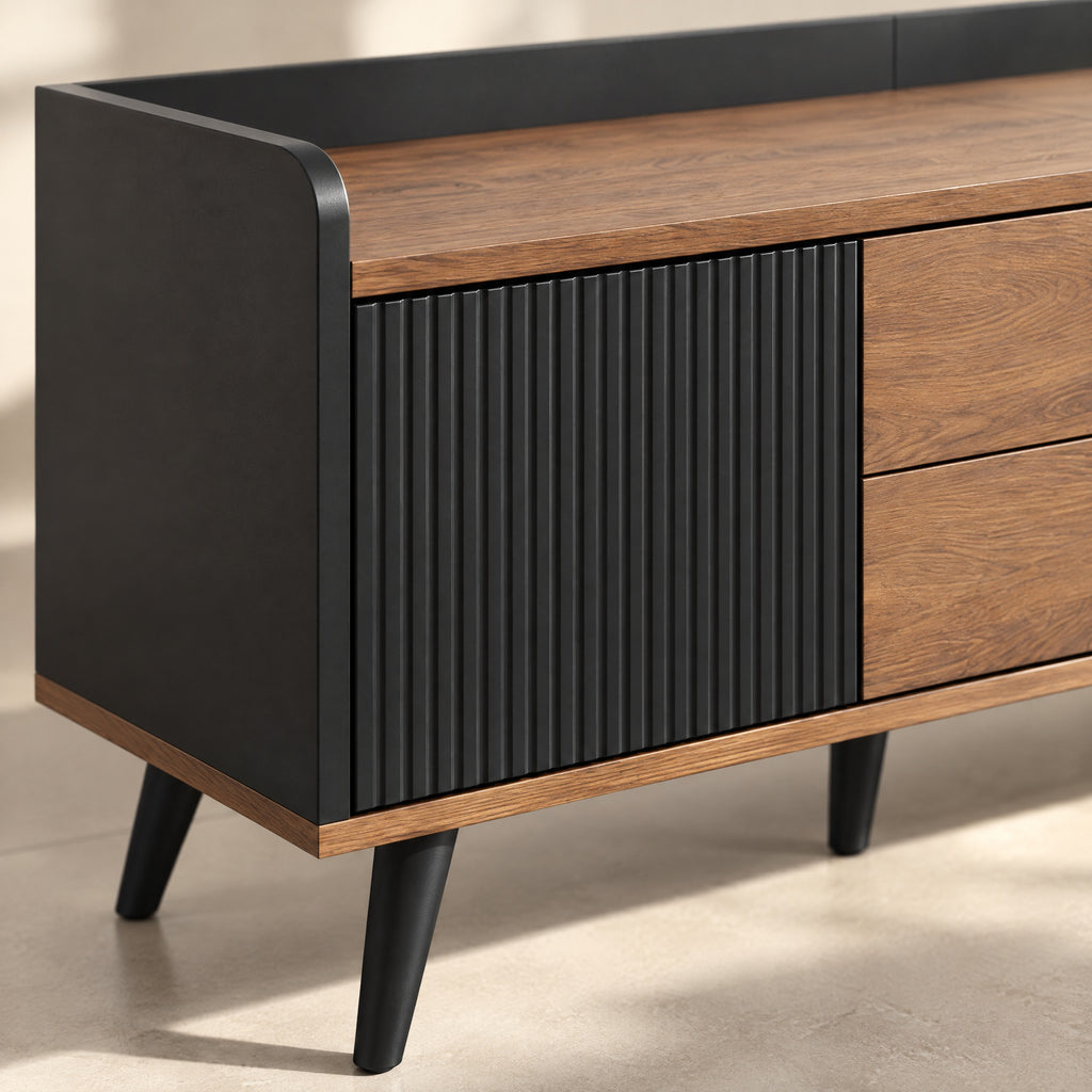Meuble TV noir cannelé et noyer 2 tiroirs 160 cm, détail de la finition