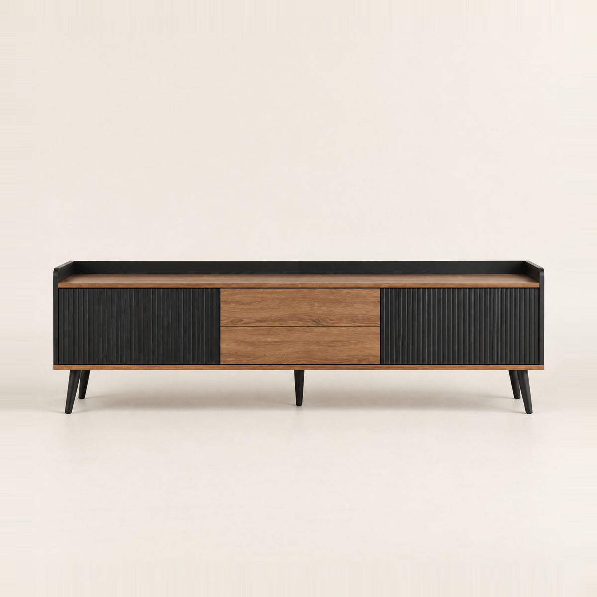 Meuble TV noir cannelé et noyer 2 tiroirs 160 cm, vue de face