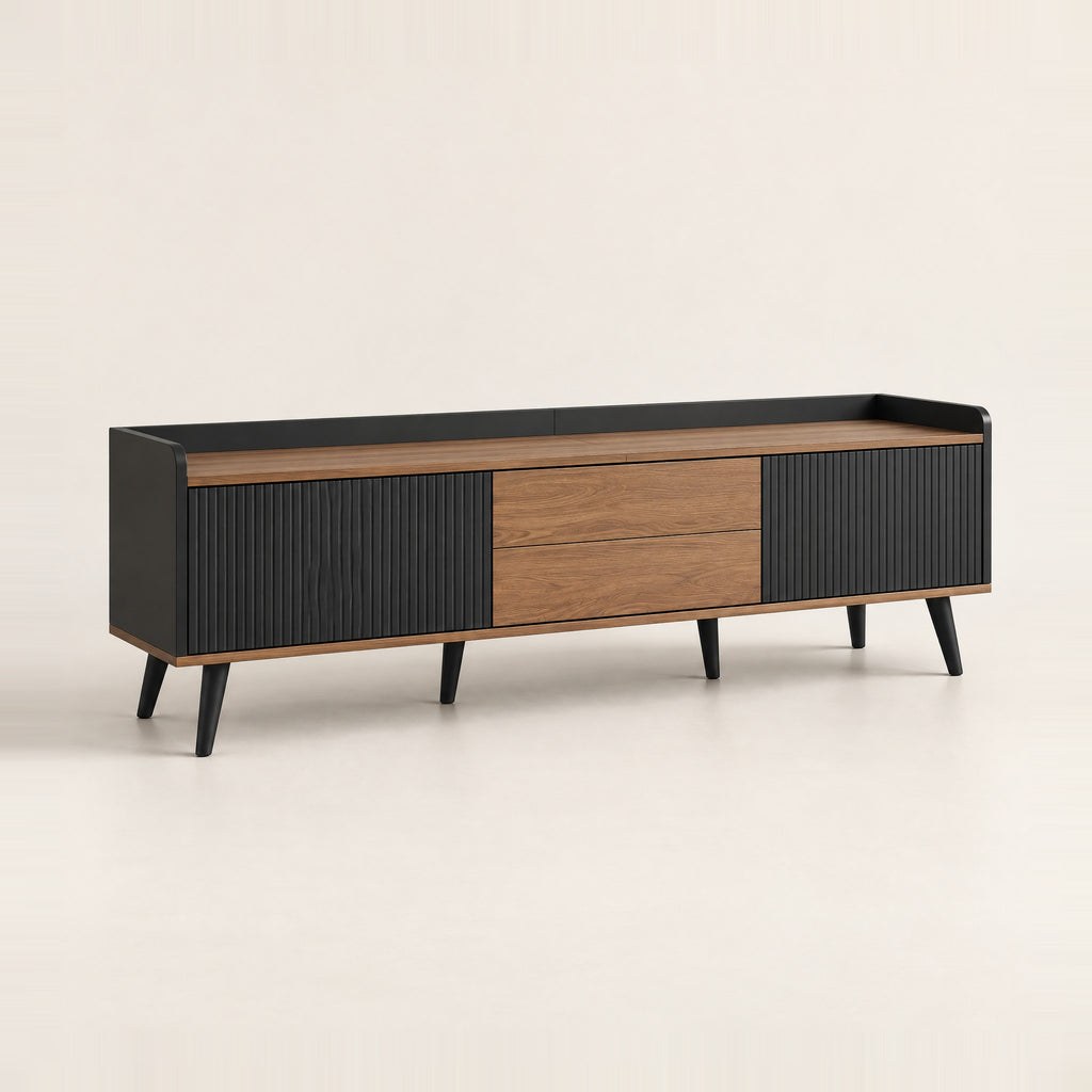Meuble TV noir cannelé et noyer 2 tiroirs 160 cm, vue de trois quarts