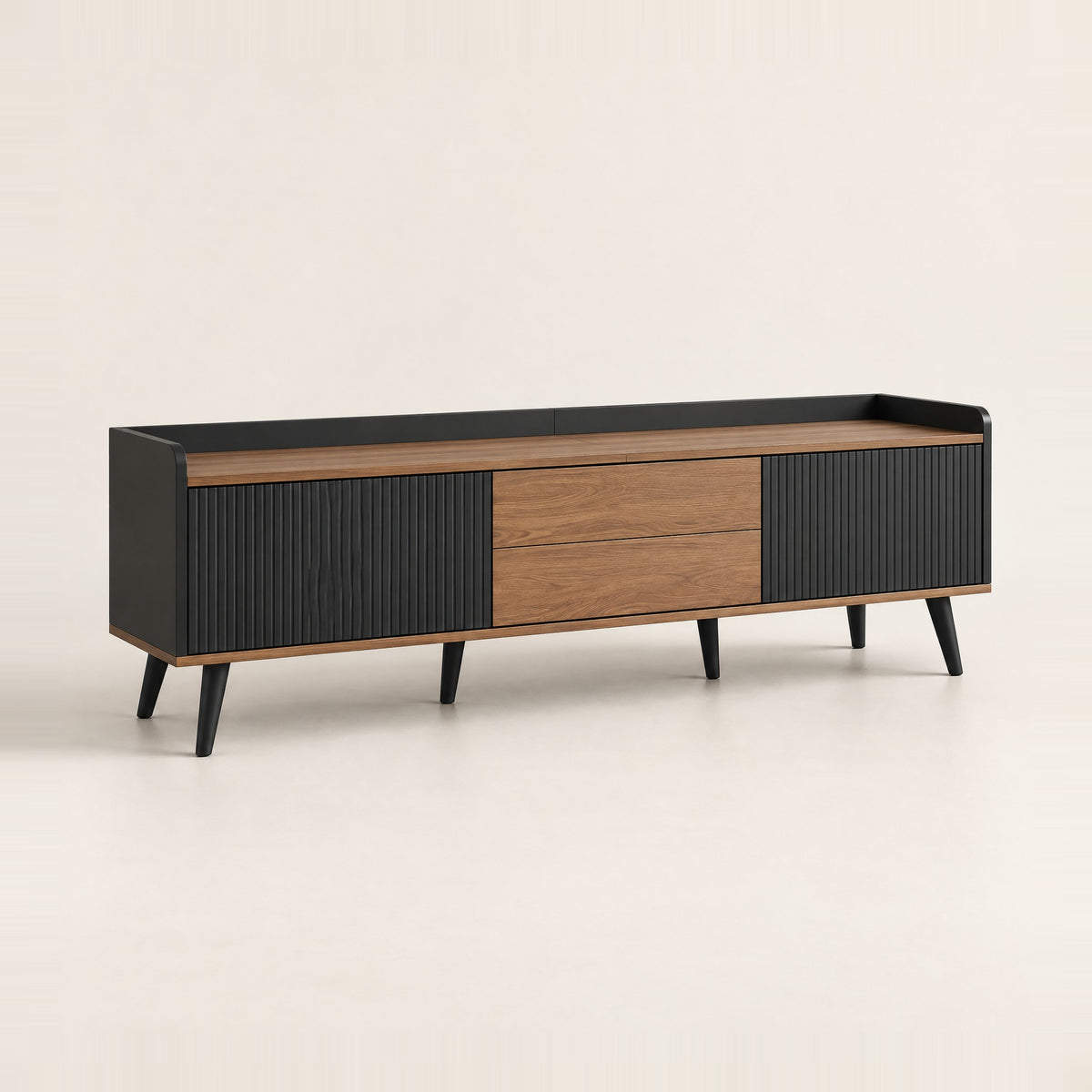 Meuble TV noir cannelé et noyer 2 tiroirs 160 cm, vue de trois quarts