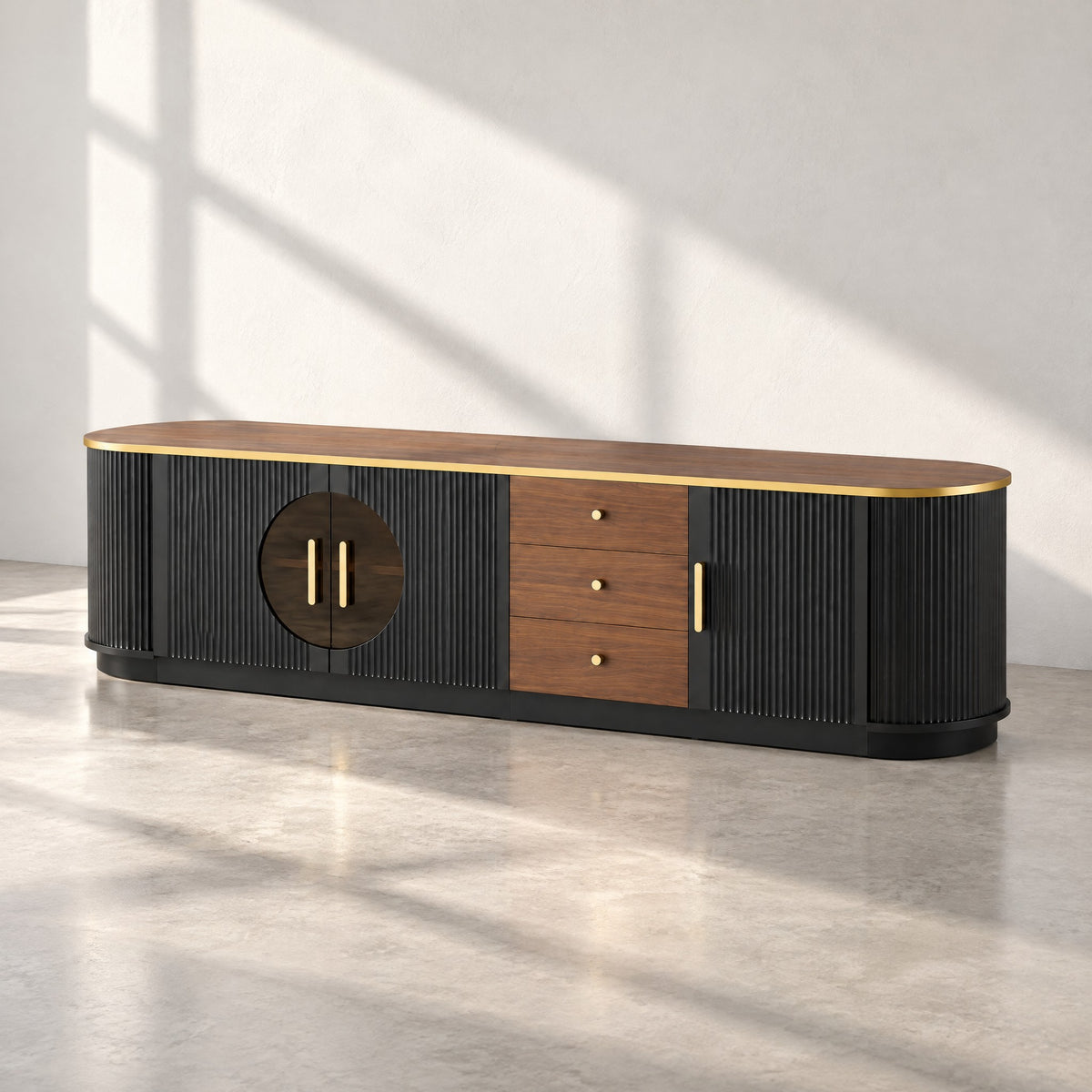 Meuble TV noir cannelé et noyer à hublot 180 cm, au soleil