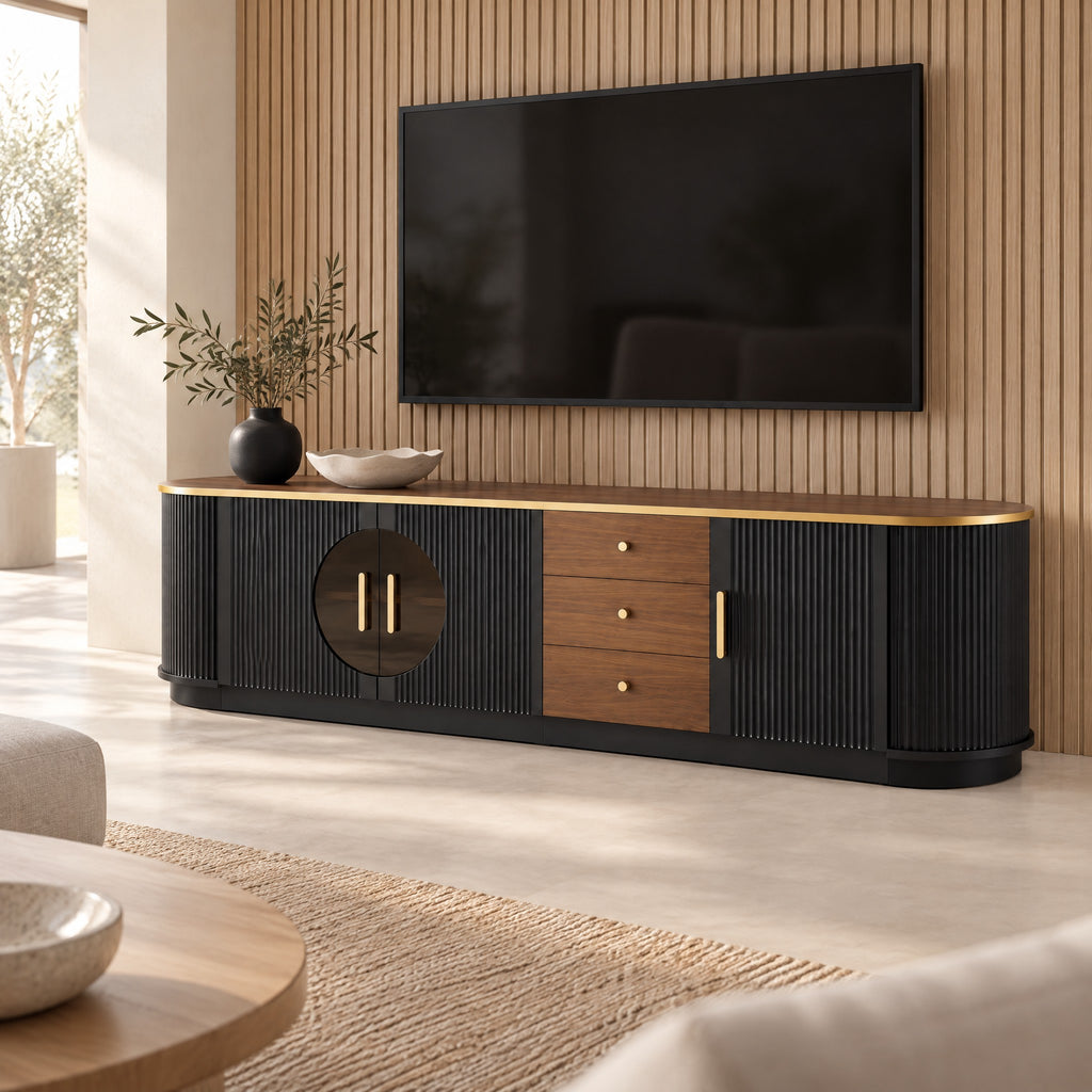 Meuble TV noir cannelé et noyer à hublot 180 cm, dans un salon
