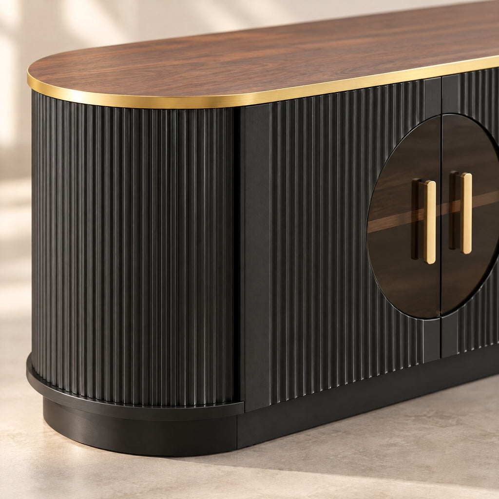 Meuble TV noir cannelé et noyer à hublot 180 cm, détail de la finition