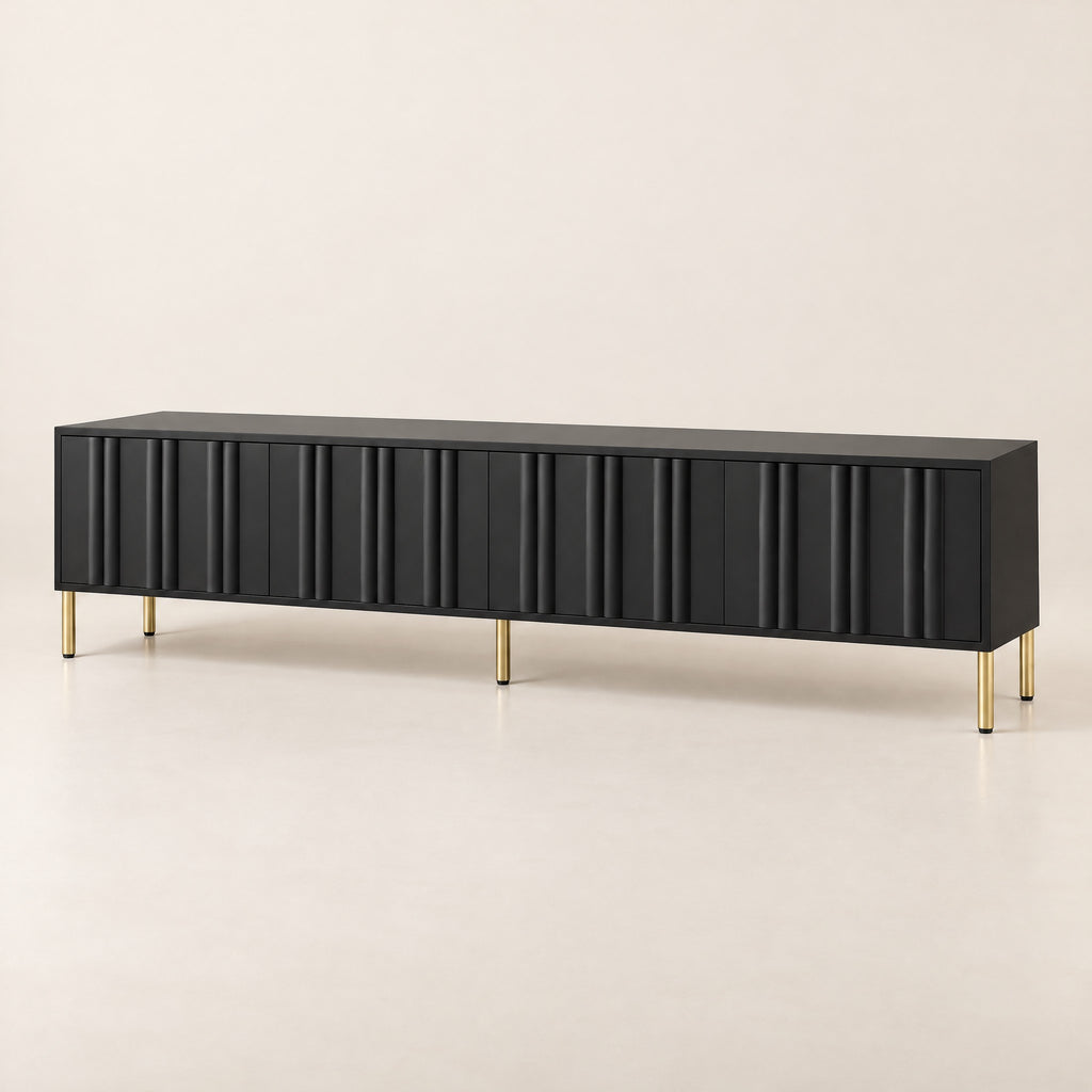 Meuble TV noir façades ondulées pieds dorés 190 cm, vue de trois quarts
