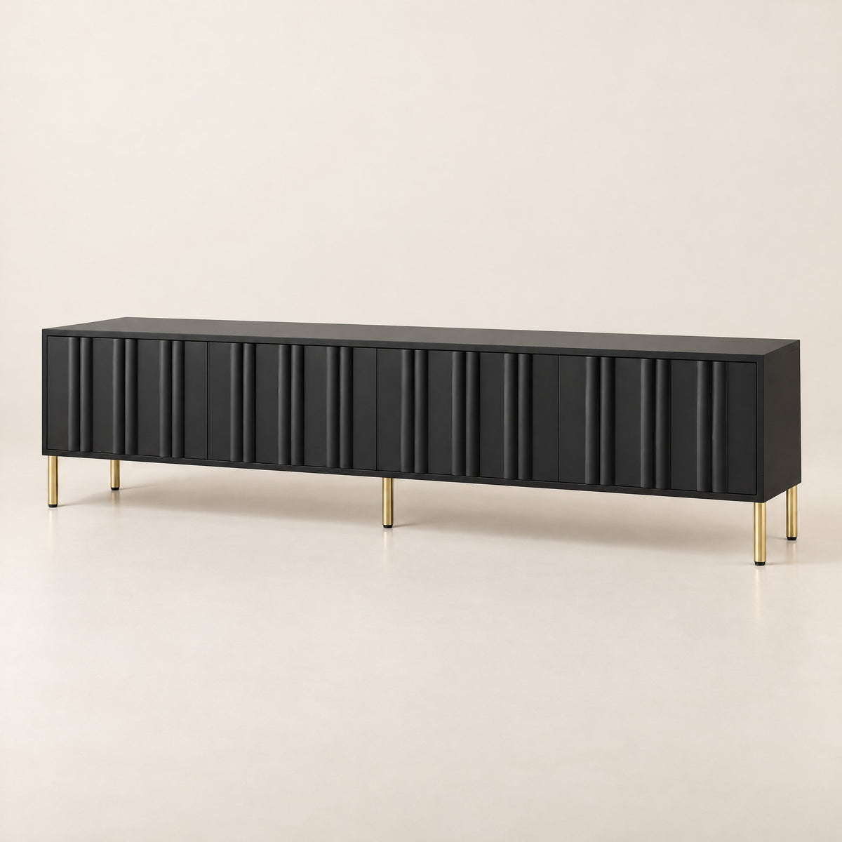 Meuble TV noir façades ondulées pieds dorés 190 cm, vue de trois quarts