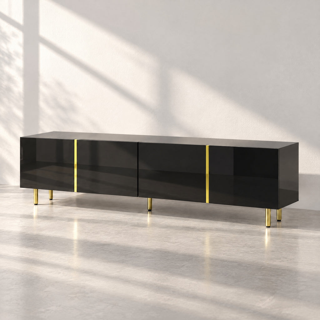 Meuble TV noir laqué filets dorés 170 cm, au soleil