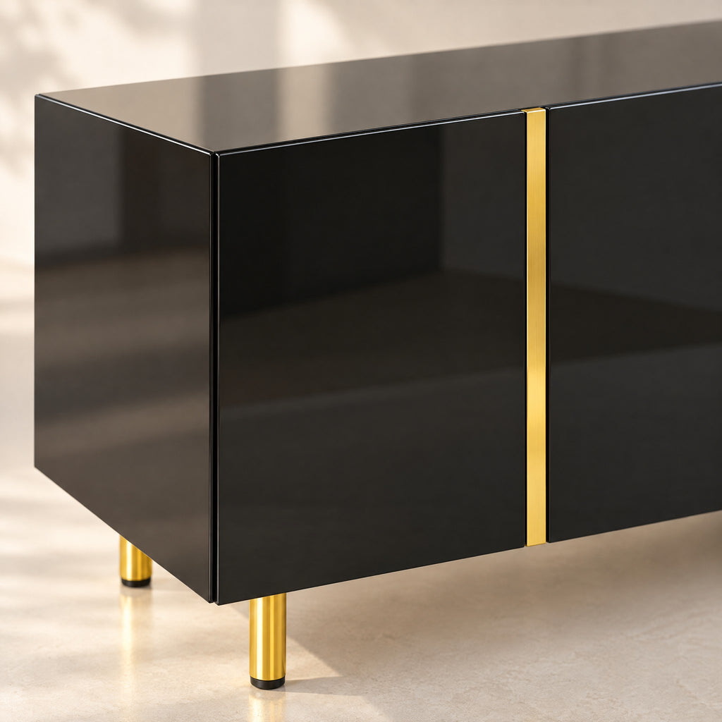 Meuble TV noir laqué filets dorés 170 cm, détail de la finition