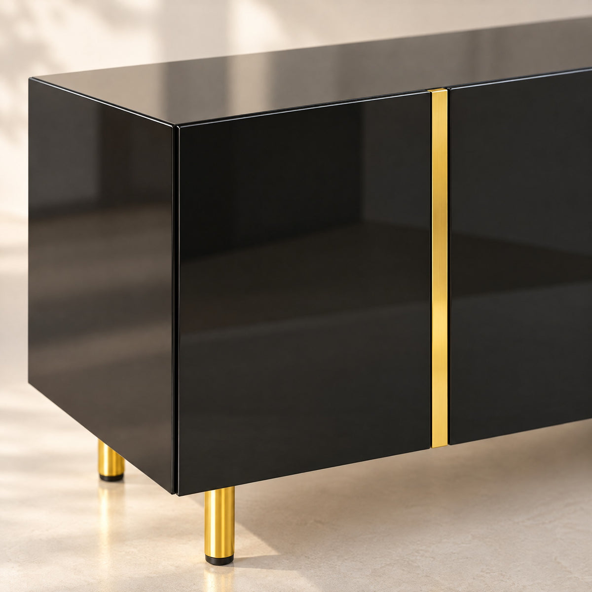 Meuble TV noir laqué filets dorés 170 cm, détail de la finition