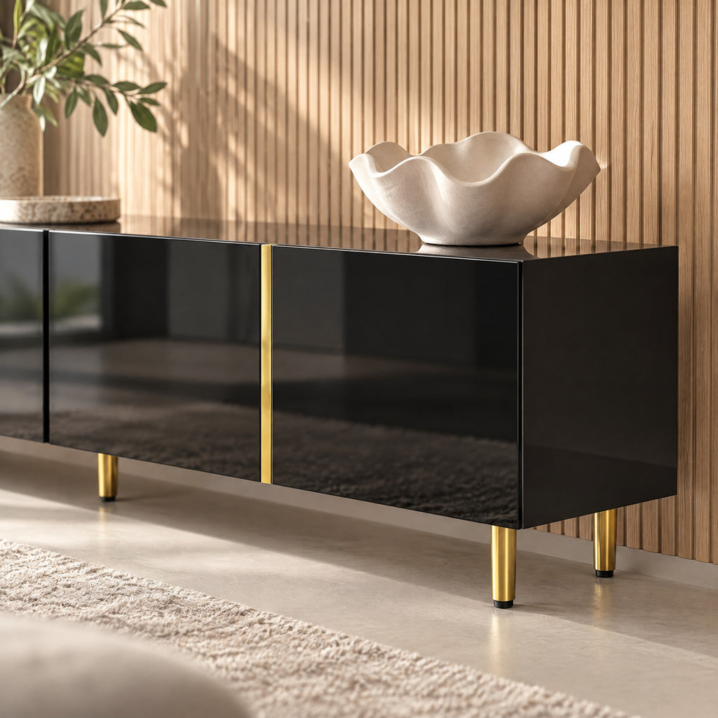 Meuble TV noir laqué filets dorés 170 cm, gros plan