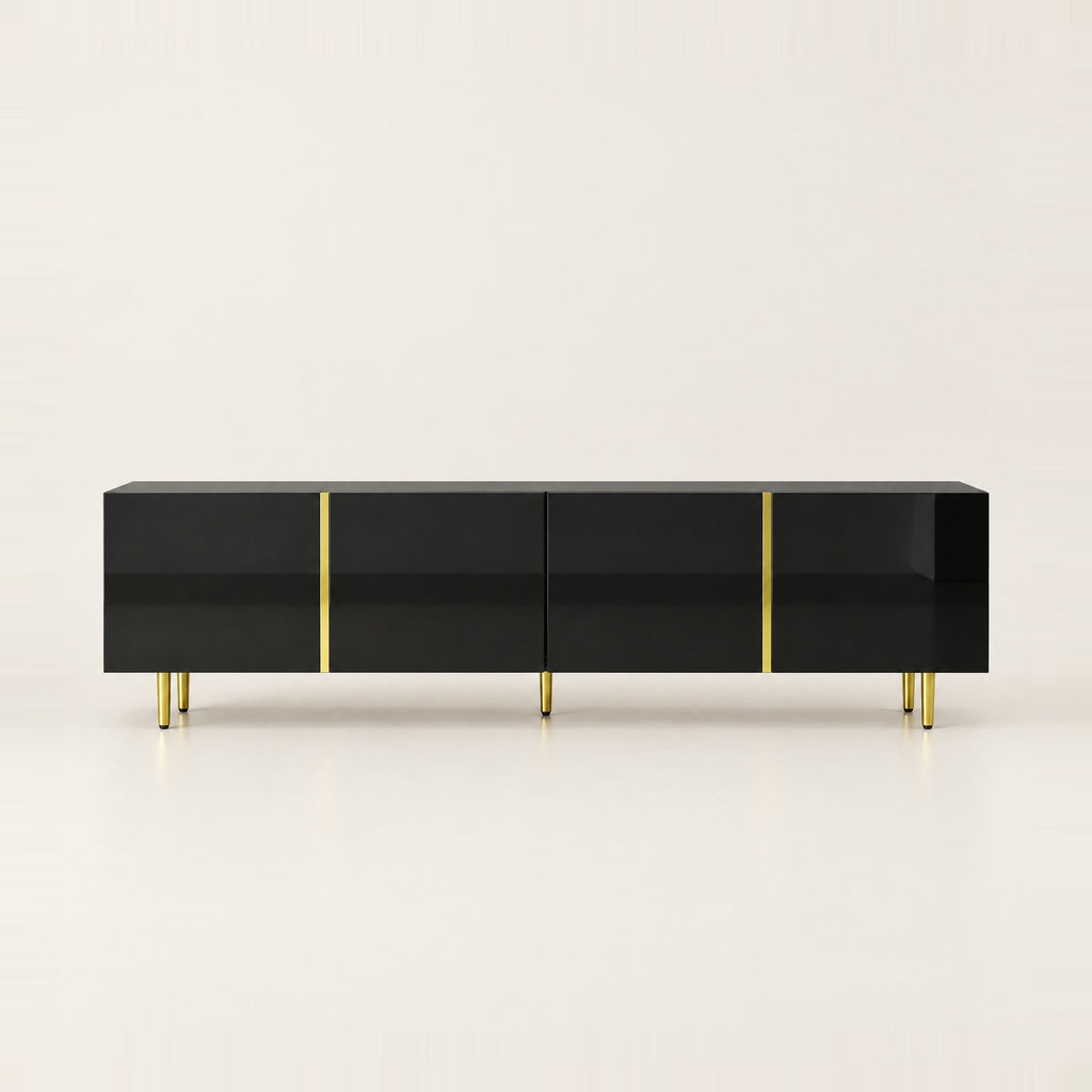 Meuble TV noir laqué filets dorés 170 cm, vue de face