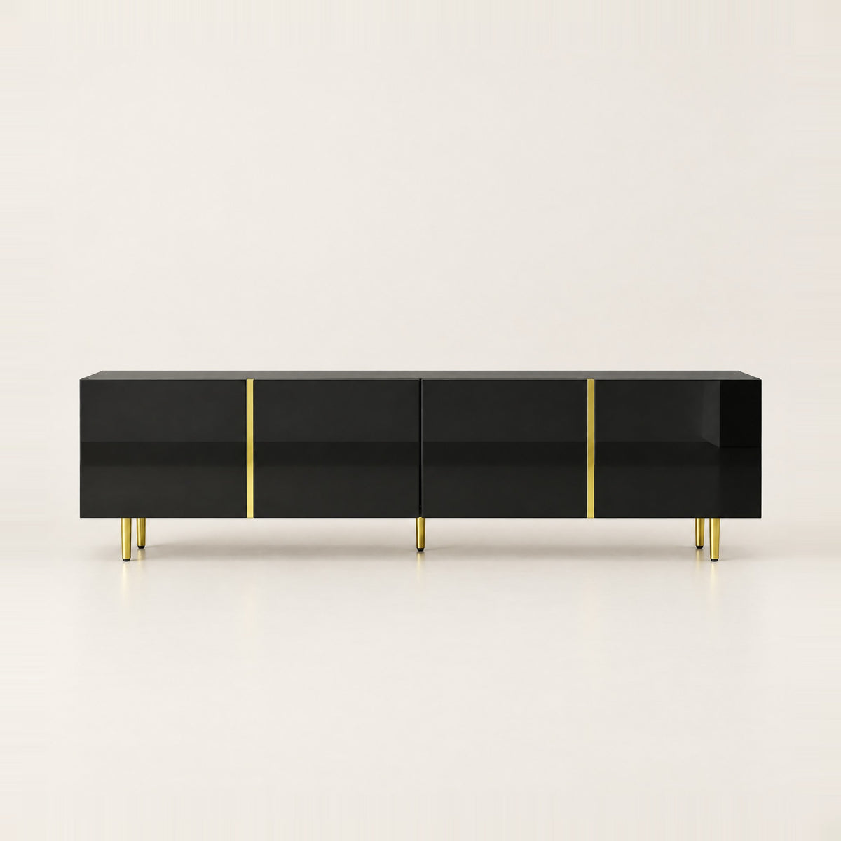 Meuble TV noir laqué filets dorés 170 cm, vue de face