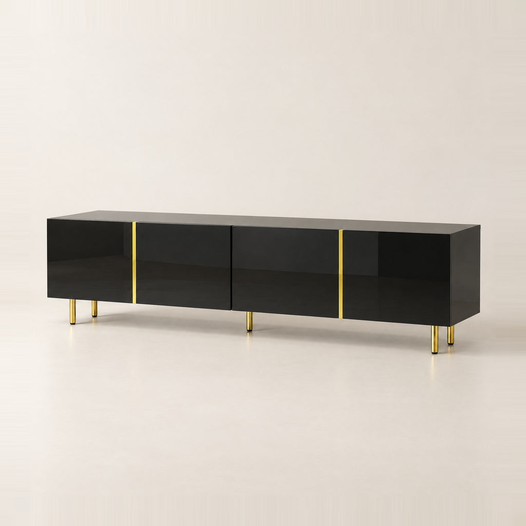 Meuble TV noir laqué filets dorés 170 cm, vue de trois quarts