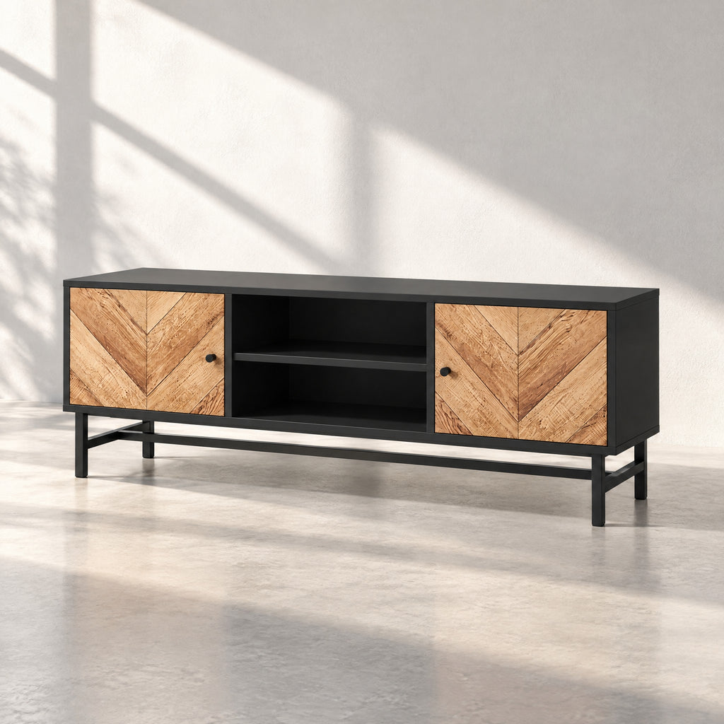 Meuble TV noir portes à chevrons 150 cm, au soleil