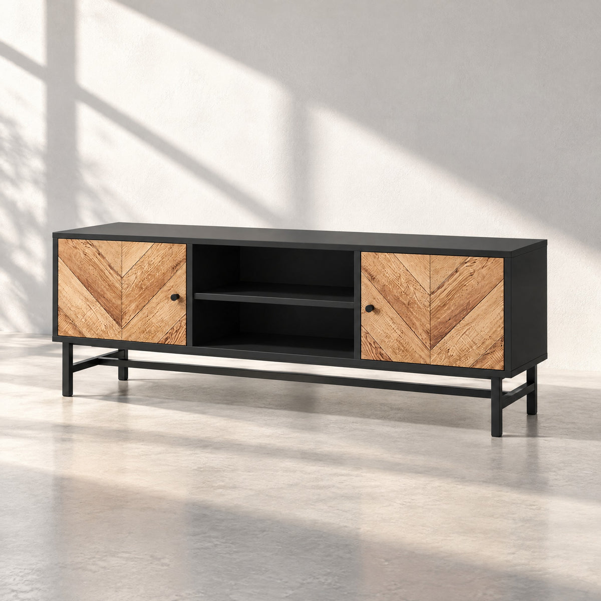 Meuble TV noir portes à chevrons 150 cm, au soleil