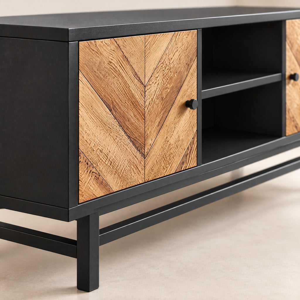 Meuble TV noir portes à chevrons 150 cm, détail de la finition