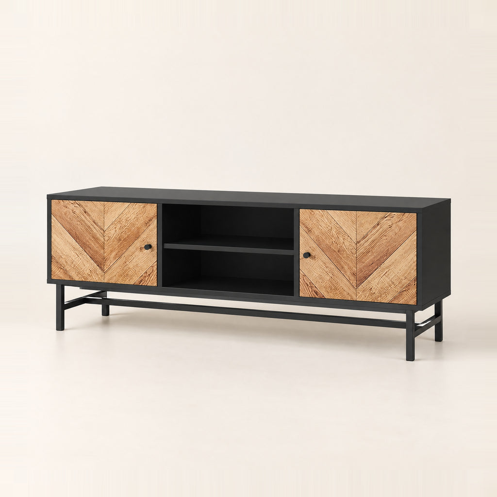Meuble TV noir portes à chevrons 150 cm, vue de trois quarts