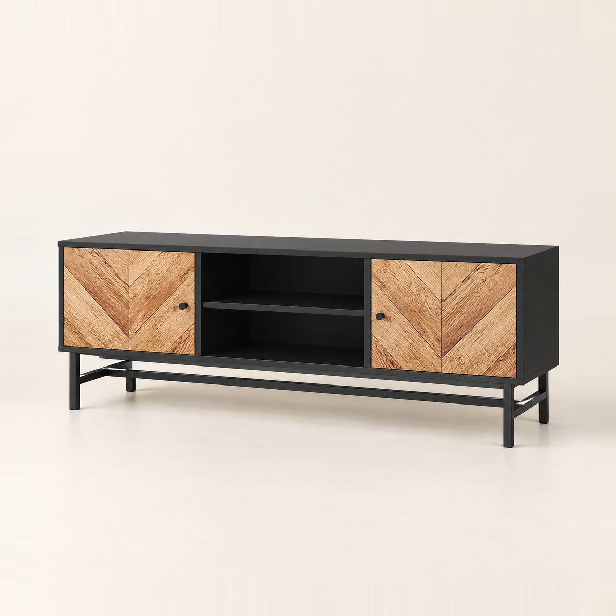 Meuble TV noir portes à chevrons 150 cm, vue de trois quarts