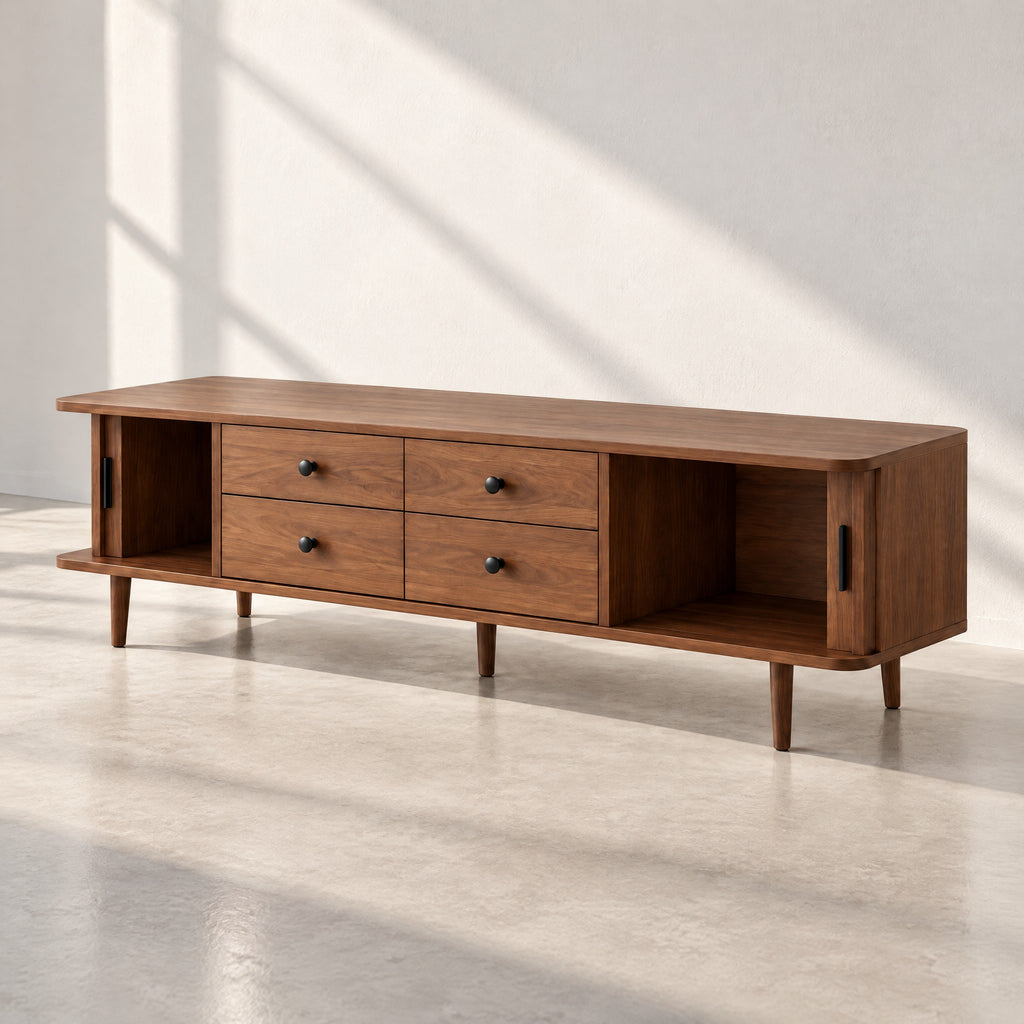 Meuble TV noyer 4 tiroirs et portes coulissantes 165 cm, au soleil