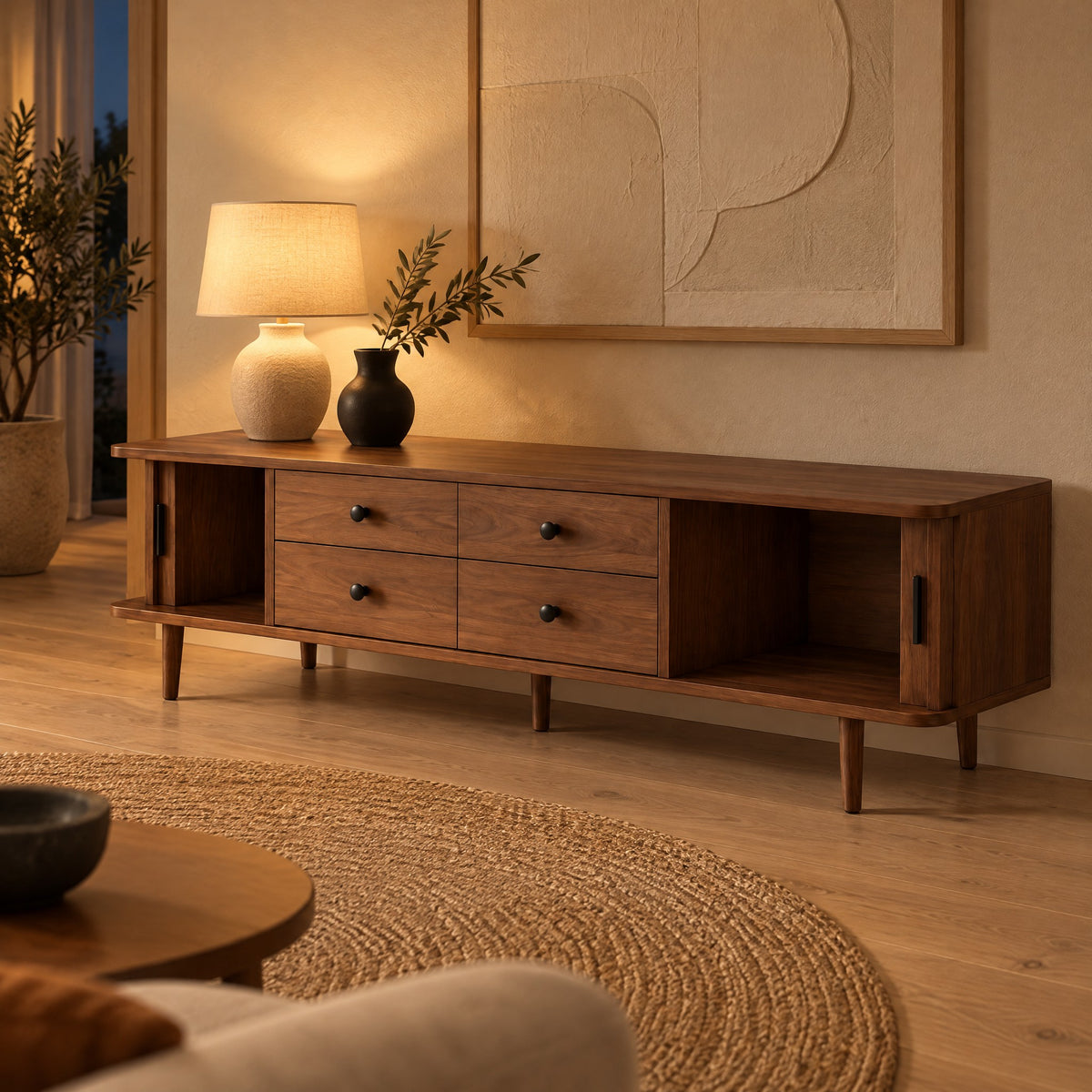 Meuble TV noyer 4 tiroirs et portes coulissantes 165 cm, dans un salon le soir