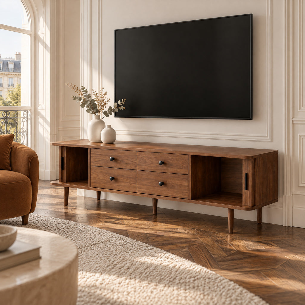 Meuble TV noyer 4 tiroirs et portes coulissantes 165 cm, dans un salon