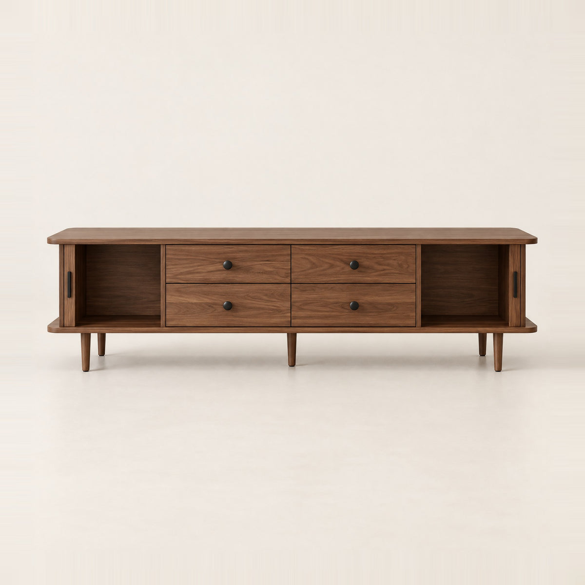 Meuble TV noyer 4 tiroirs et portes coulissantes 165 cm, vue de face