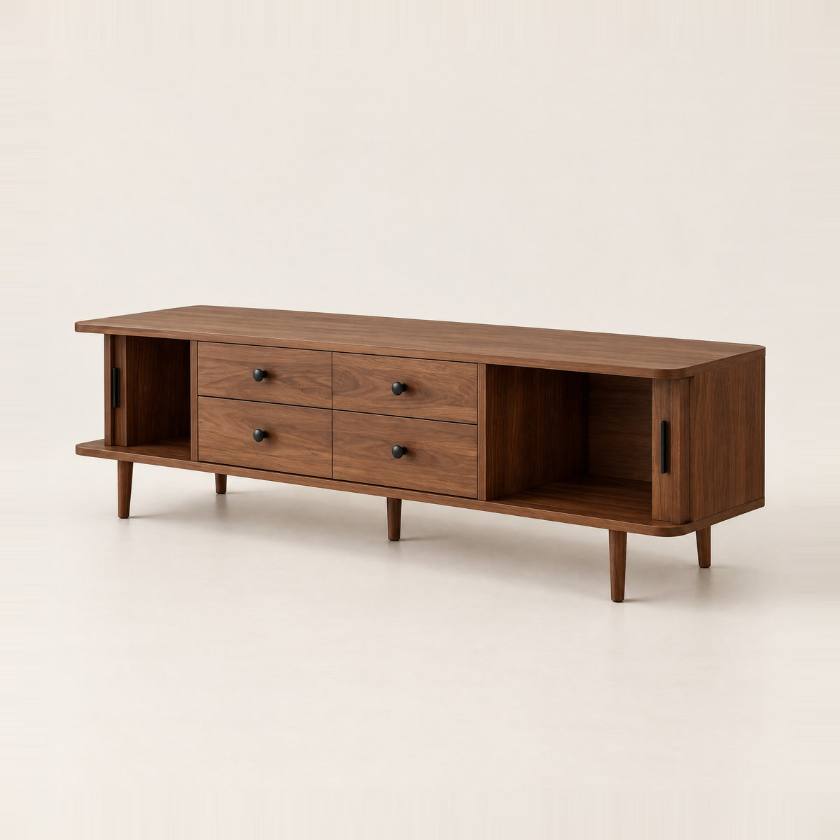 Meuble TV noyer 4 tiroirs et portes coulissantes 165 cm, vue de trois quarts