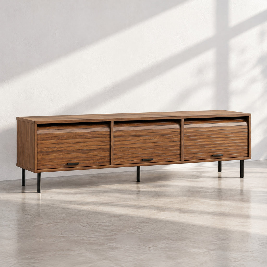 Meuble TV noyer à portes à lamelles 180 cm, au soleil