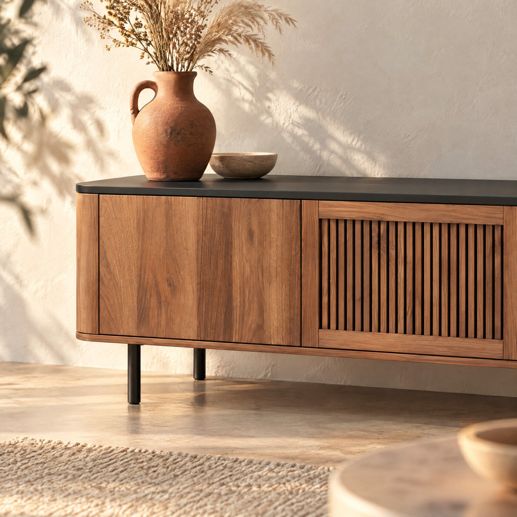 Meuble TV noyer arrondi à lamelles 190 cm, gros plan