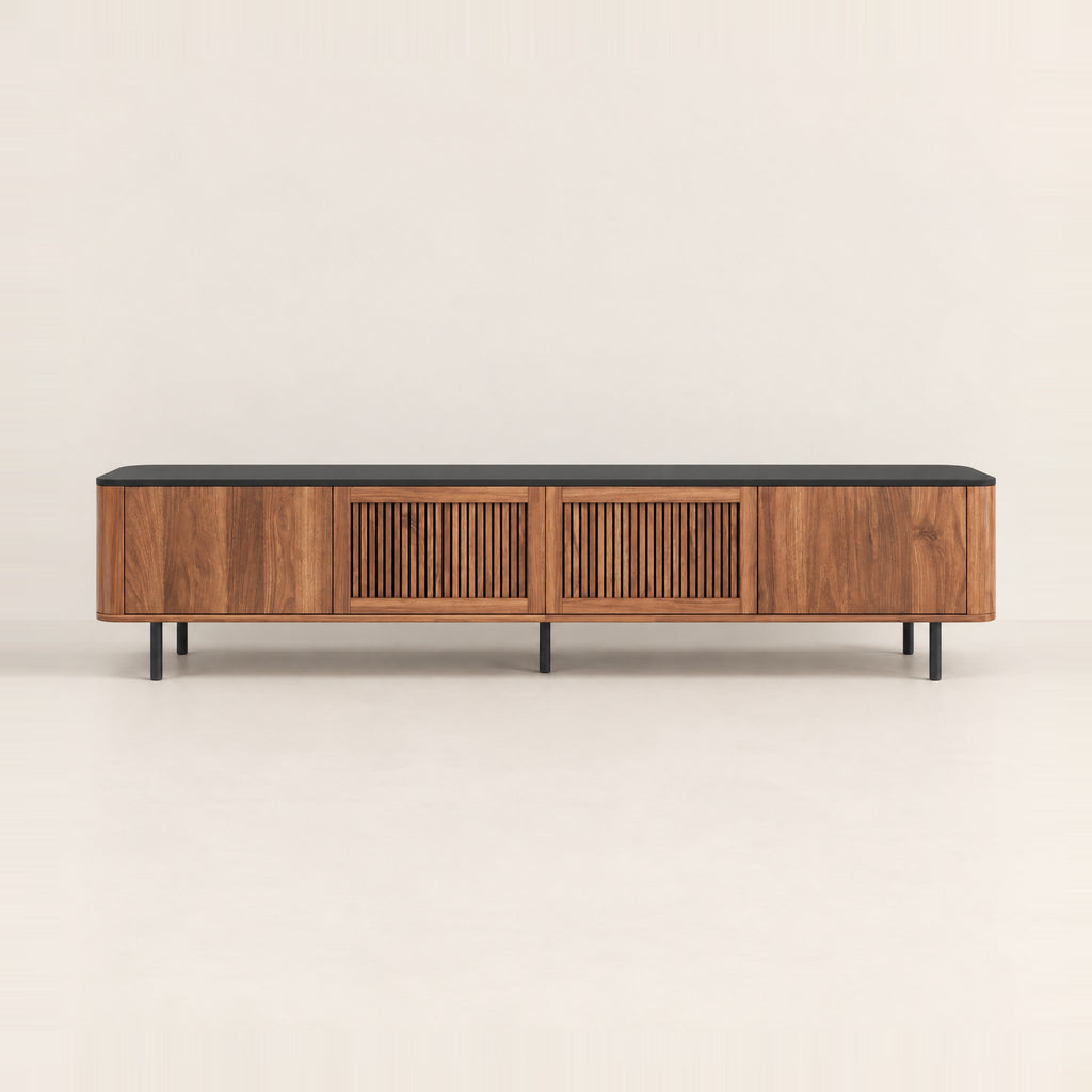 Meuble TV noyer arrondi à lamelles 190 cm, vue de face