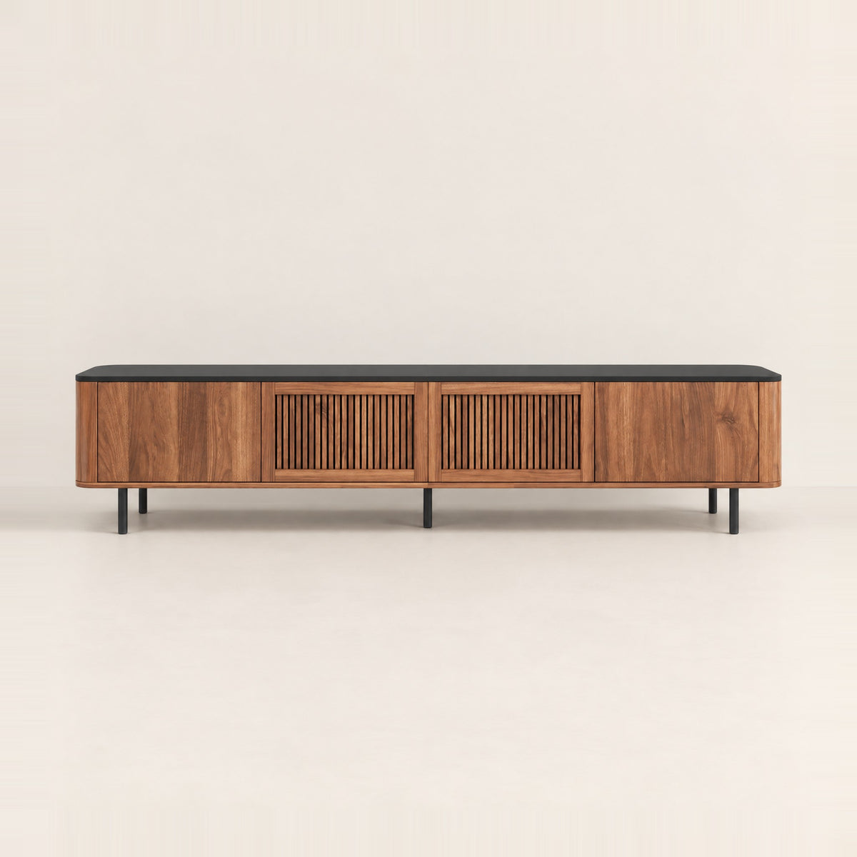 Meuble TV noyer arrondi à lamelles 190 cm, vue de face