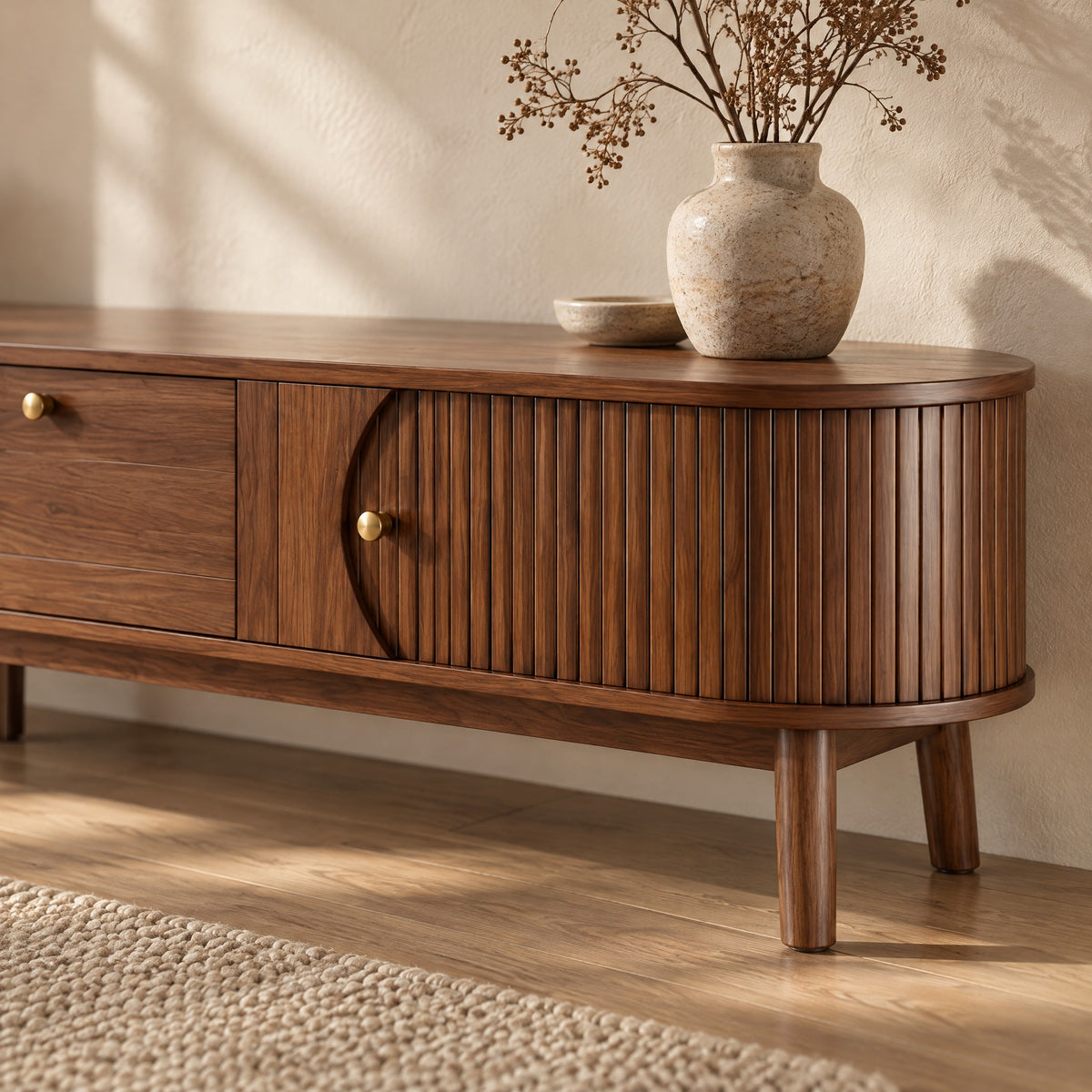 Meuble TV noyer arrondi cannelé 170 cm, gros plan