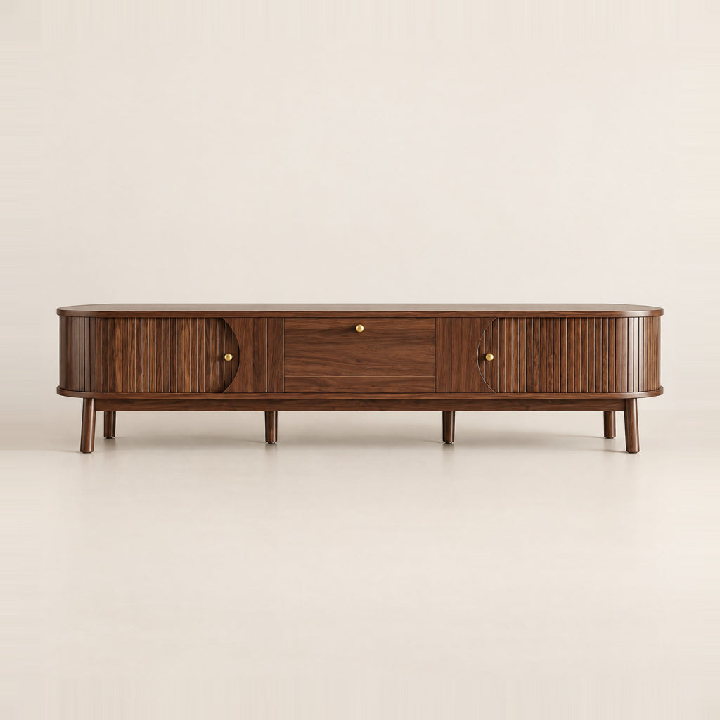 Meuble TV noyer arrondi cannelé 170 cm, vue de face