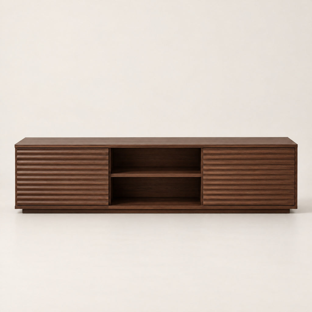 Meuble TV noyer façades rainurées 152 cm, vue de face